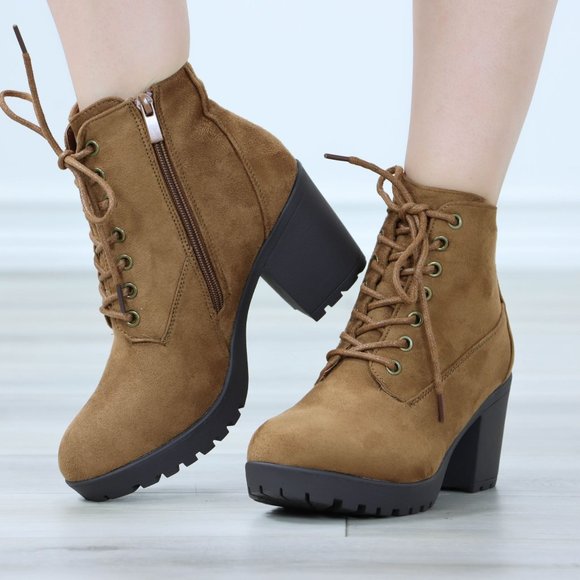 Tan Ankle Boots Chunky Block Lug High Heel Booties Lace-Up - Picture 10 of 12